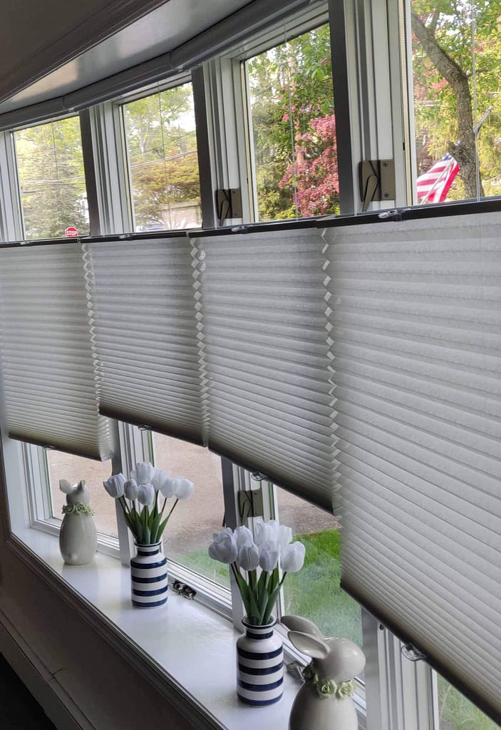 White blinds and tulips on sunny windowsill
