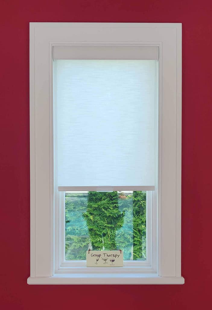 Half-open window blind with outdoor view.